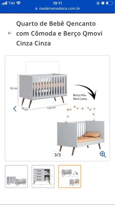 Quarto de Bebê Qencanto com Cômoda e Berço Qmovi Cinza Cinza