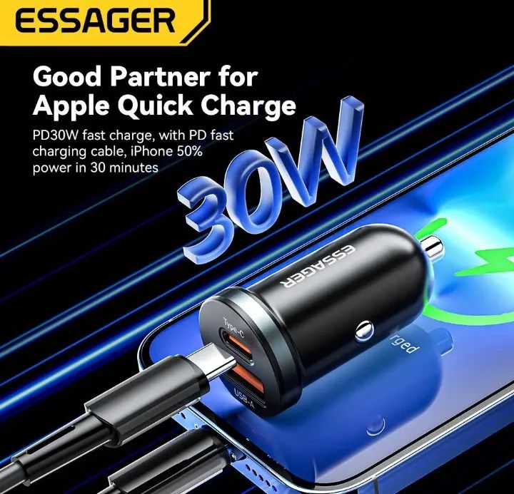 Carregador veicular Essager 30W PD com duas portas. - Foto 2
