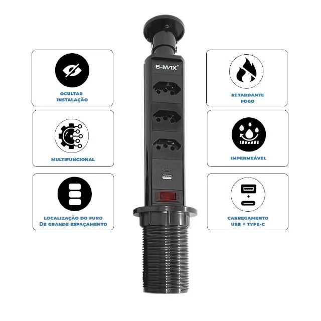 Torre Tomada Retrátil Push to Open 20A - Ideal para Cozinha e Escritório [Preto].  - Foto 4
