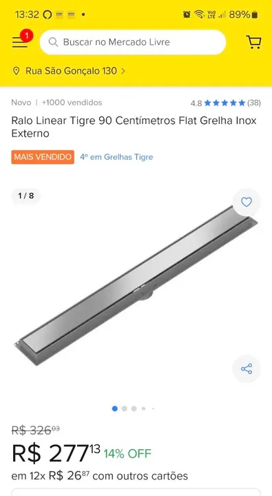 Ralo Linear Tigre 90cm Grelha Inox Externo