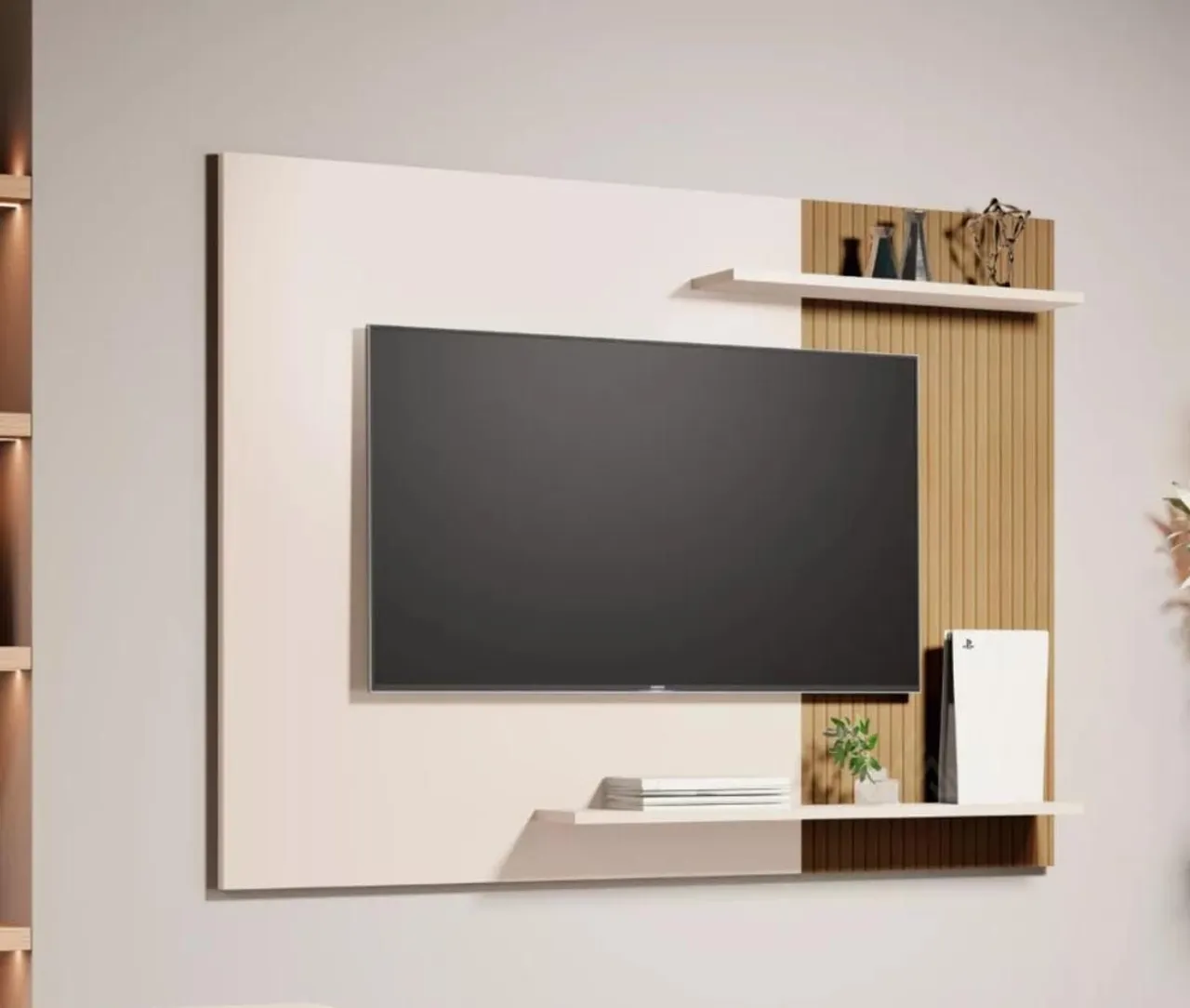 Painel para TV de até 60 polegadas com prateleiras e design moderno