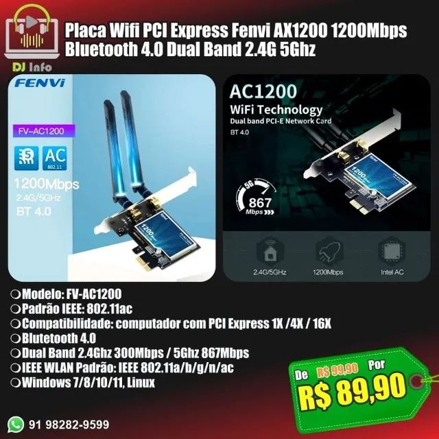 Placa Wifi PCI Express Fenvi AX1200 1200Mbps Bluetooth 4.0 Dual Band 2.4G 5Ghz