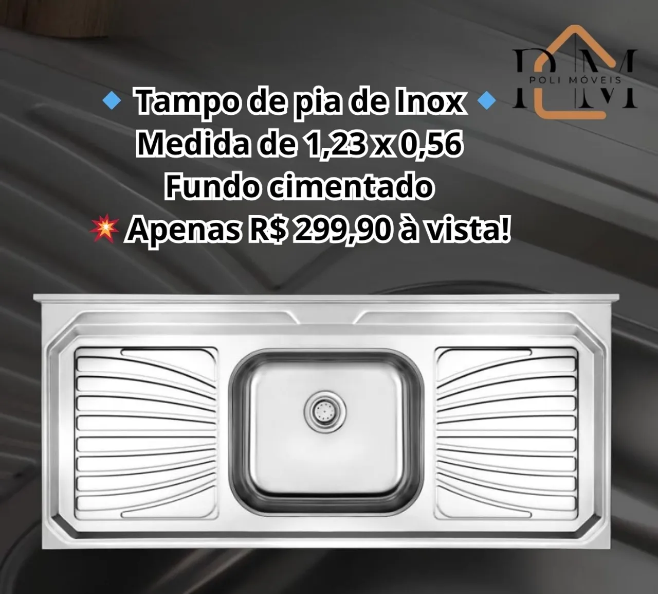 ? Tampo de Pia Inox com Base Cimentada - 1,23m x 0,55m