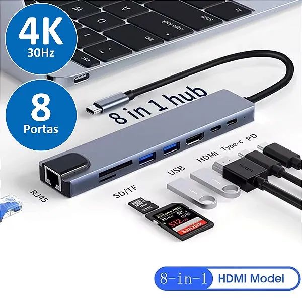 Conversor Tipo C P/ HDMI, 2 USB 3.0, 2 Tipo C, 2 Leitor SD/Micro SD e Rj45 1000Mbps - Foto 5