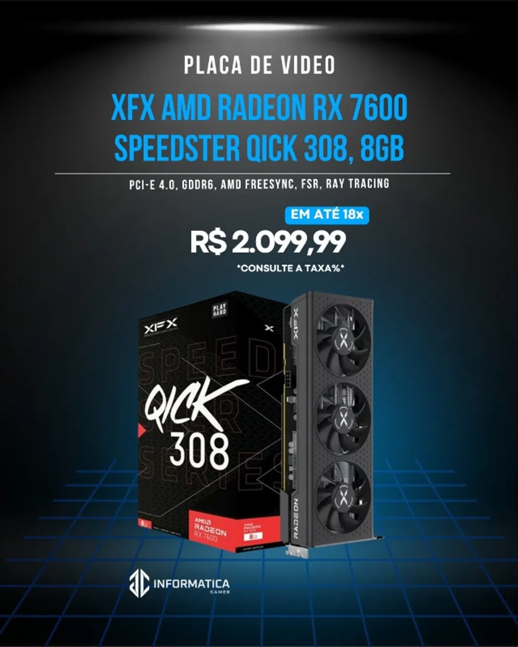 Placa de Vídeo XFX AMD Radeon RX 7600 Speedster QICK 308, 8GB, GDDR6(JCINFORMATICA)