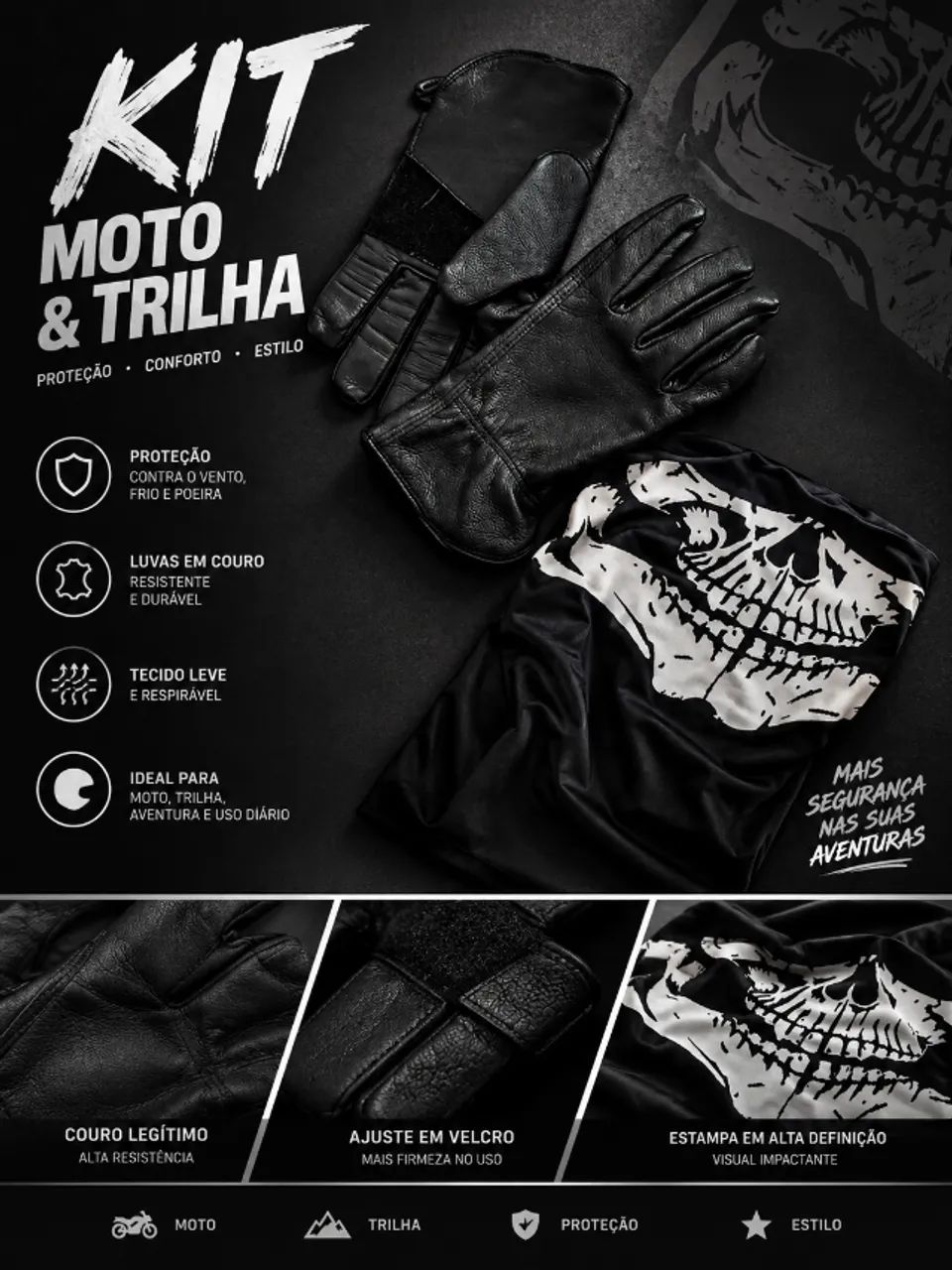 Kit Motociclista - Luvas Pretas + Balaclava Caveira - Foto 2