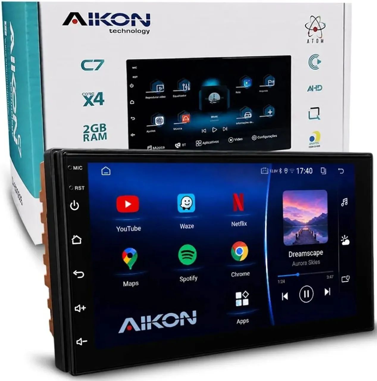 Central Multimídia Aikon. 7" com Android auto e Apple Carplay sem fio 