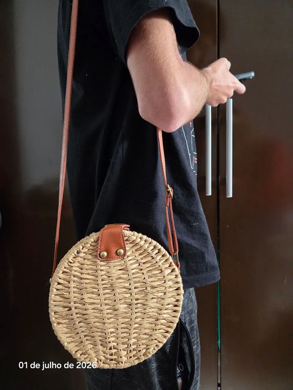 Bolsa de palha redonda com alça longa - Foto 5
