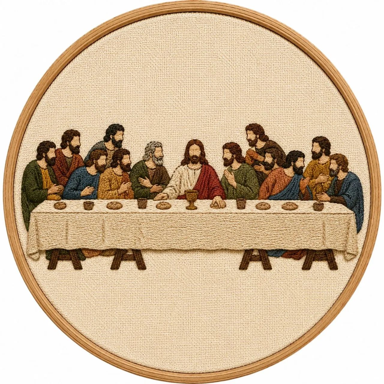 Quadro bordado  Santa Ceia em bastidor 14cm