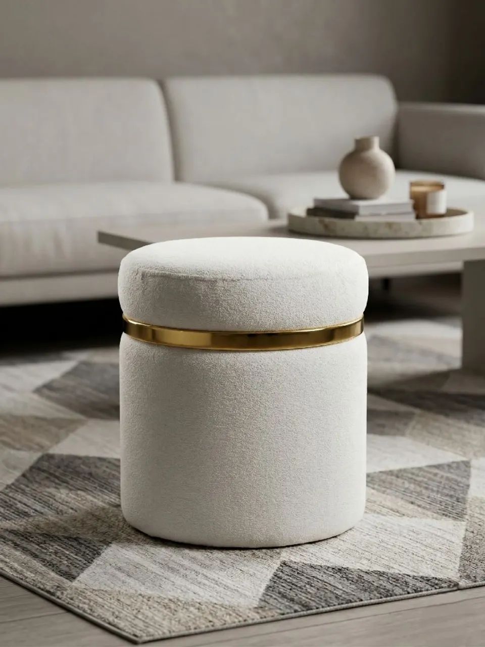 Puff Decorativo Boucle com Arco Dourado