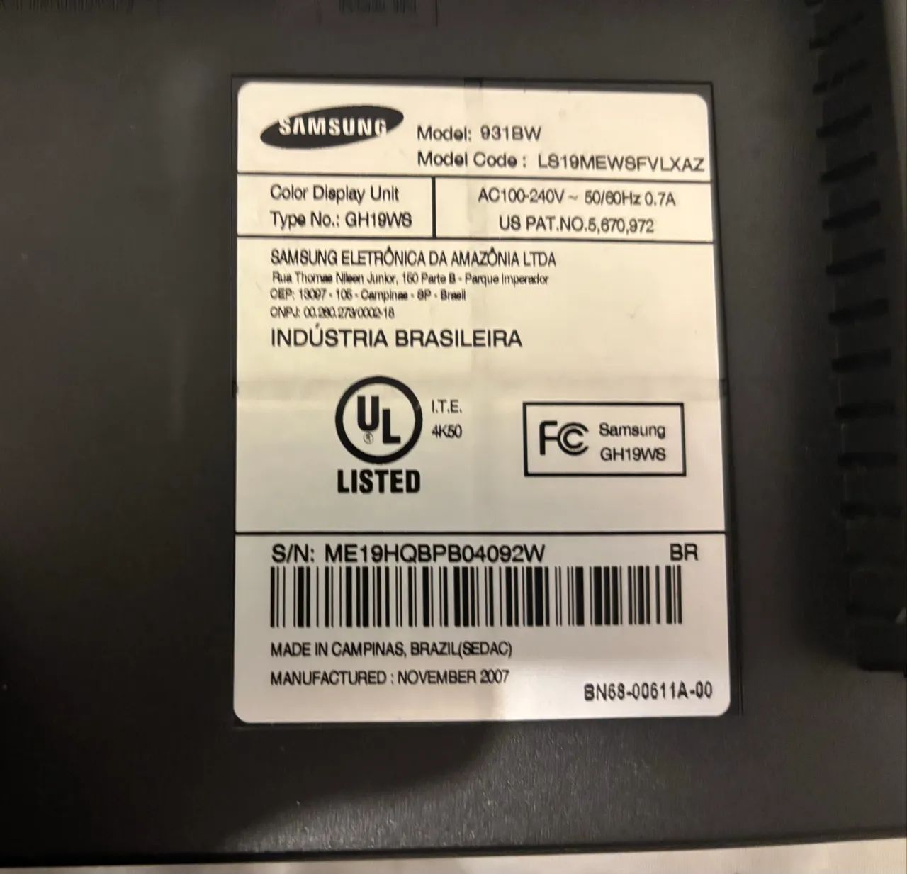 Monitor Samsung Syncmaster 931bw 19 polegadas. Vai com o cabo de energia e cabo de vídeo - Foto 2
