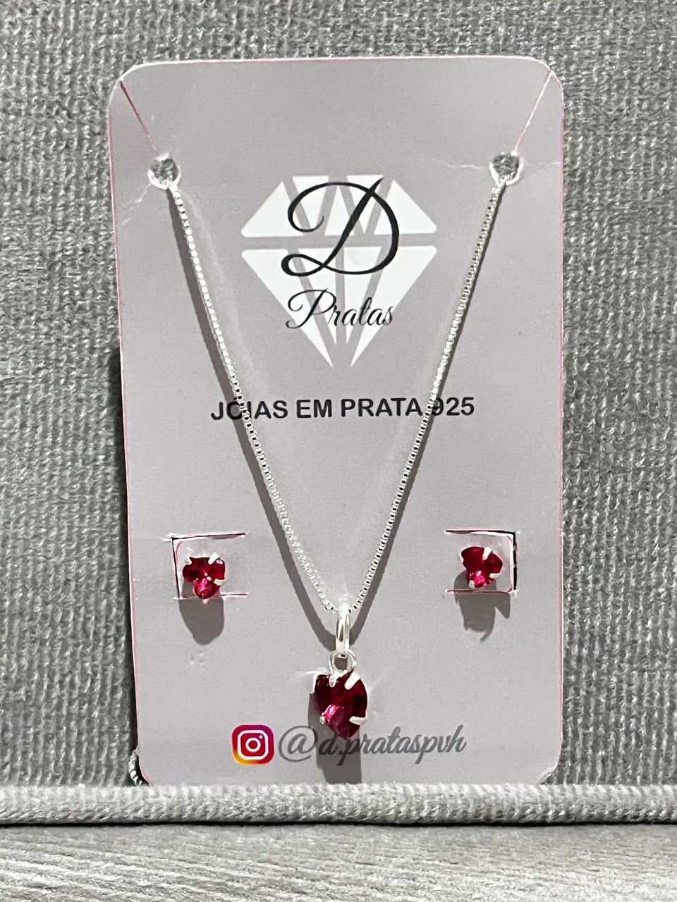 Conjunto colar e brinco coração vermelho, em Prata 925 - Foto 2