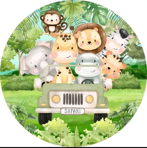 Painel Safari Cute Bichos Leão Elefantinho Baby Redondo Estampado em Tecido  Malha