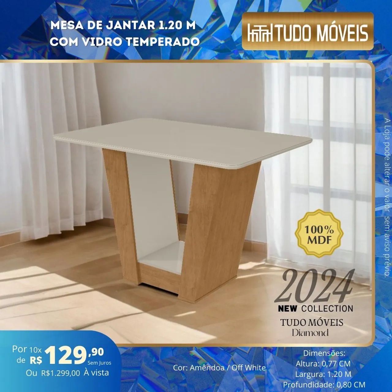 MESA DE JANTAR 1.20 M 100% MDF - COM VIDRO TEMPERADO