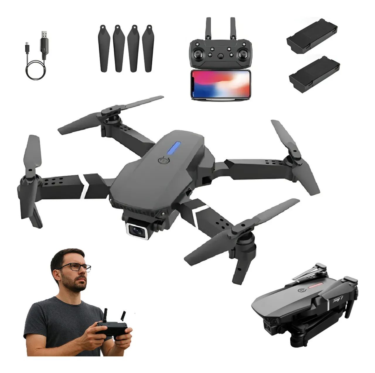 Drone E88 Pro Max Com Câmera Dupla 4k 2 Bateria E Acessórios