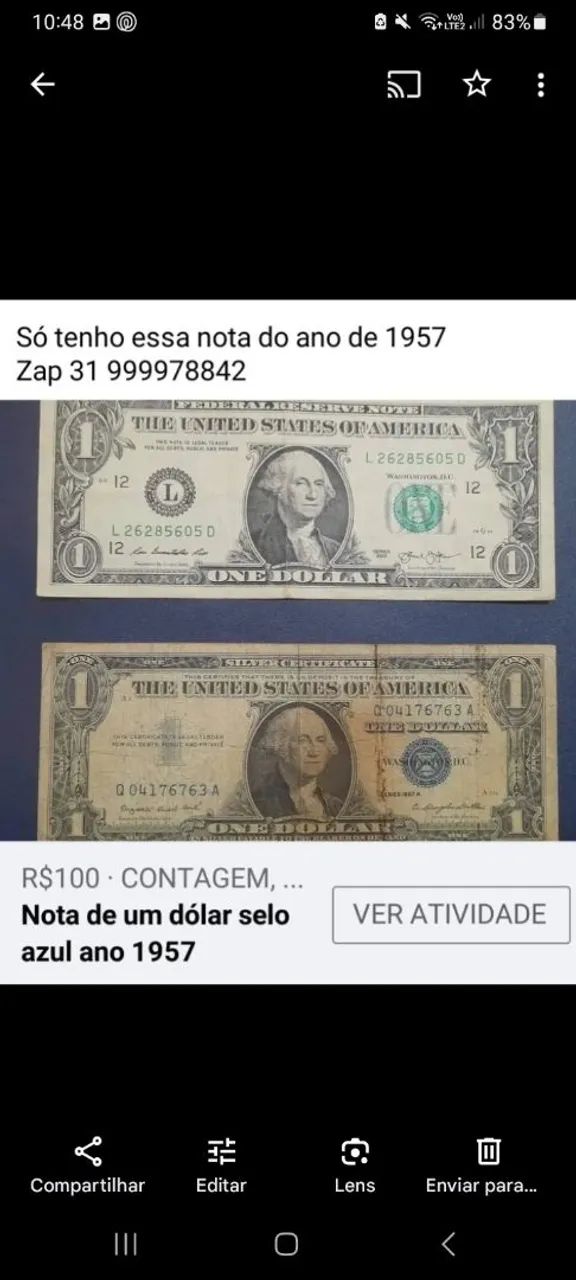 Nota de um dólar selo azul ano 1957 - Foto 2