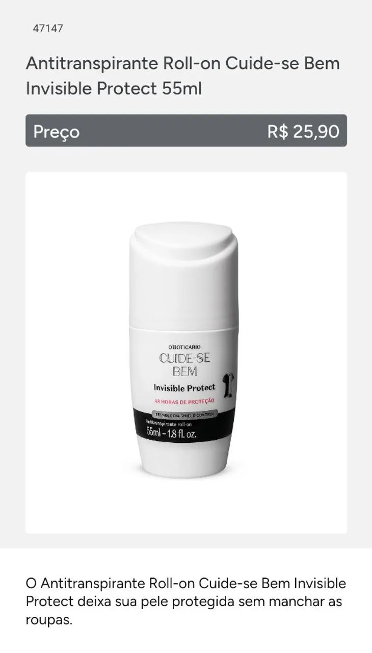Antitranspirante Roll-on Cuide-se Bem Invisible Protect 55ml