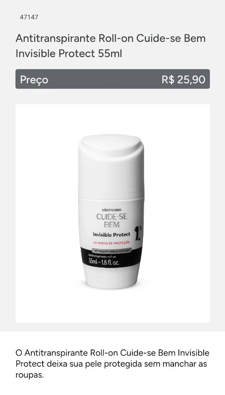 Antitranspirante Roll-on Cuide-se Bem Invisible Protect 55ml