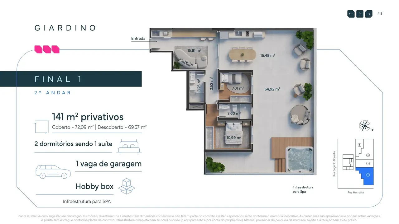 Apartamento studio de 36m² com varanda próximo ao centro da cidade com 1 vaga de garagem