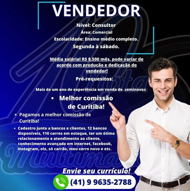 Vendedor Semi Novos Comissão R$ 1.000,00 por Carro  