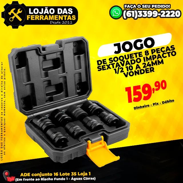 Jogo de Soquete 8 Peças Sextavado Impacto 1/2 10 a 24mm Vonder 