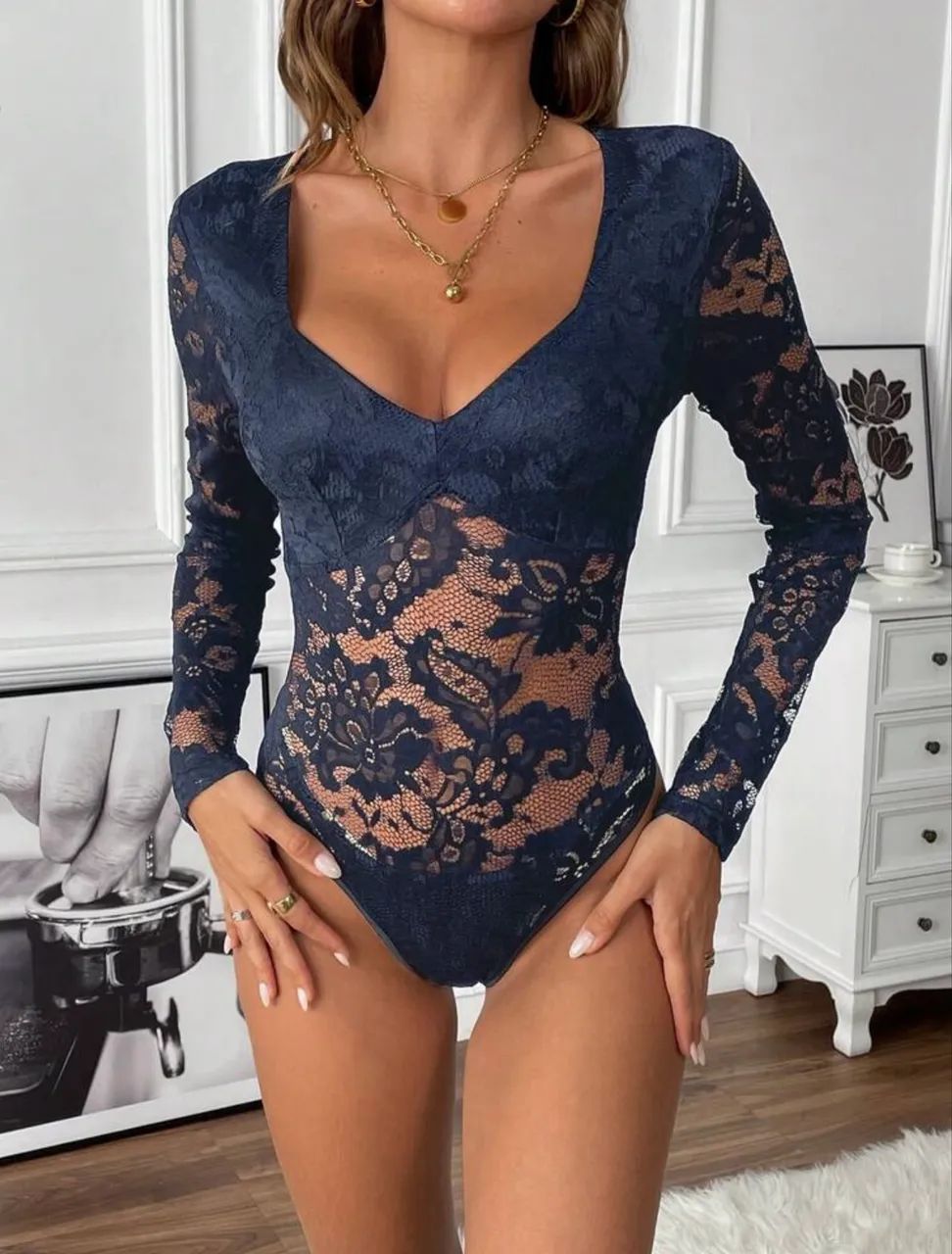 Body Azul Marinho de Renda 