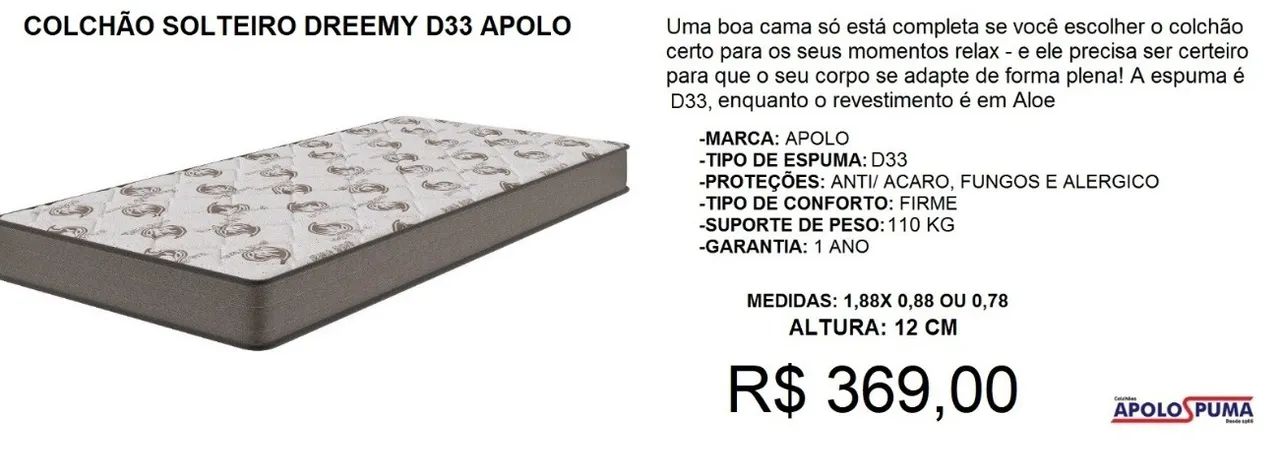 Colchão solteiro espuma d33 apolo - parcelamos até 12X sem juros!