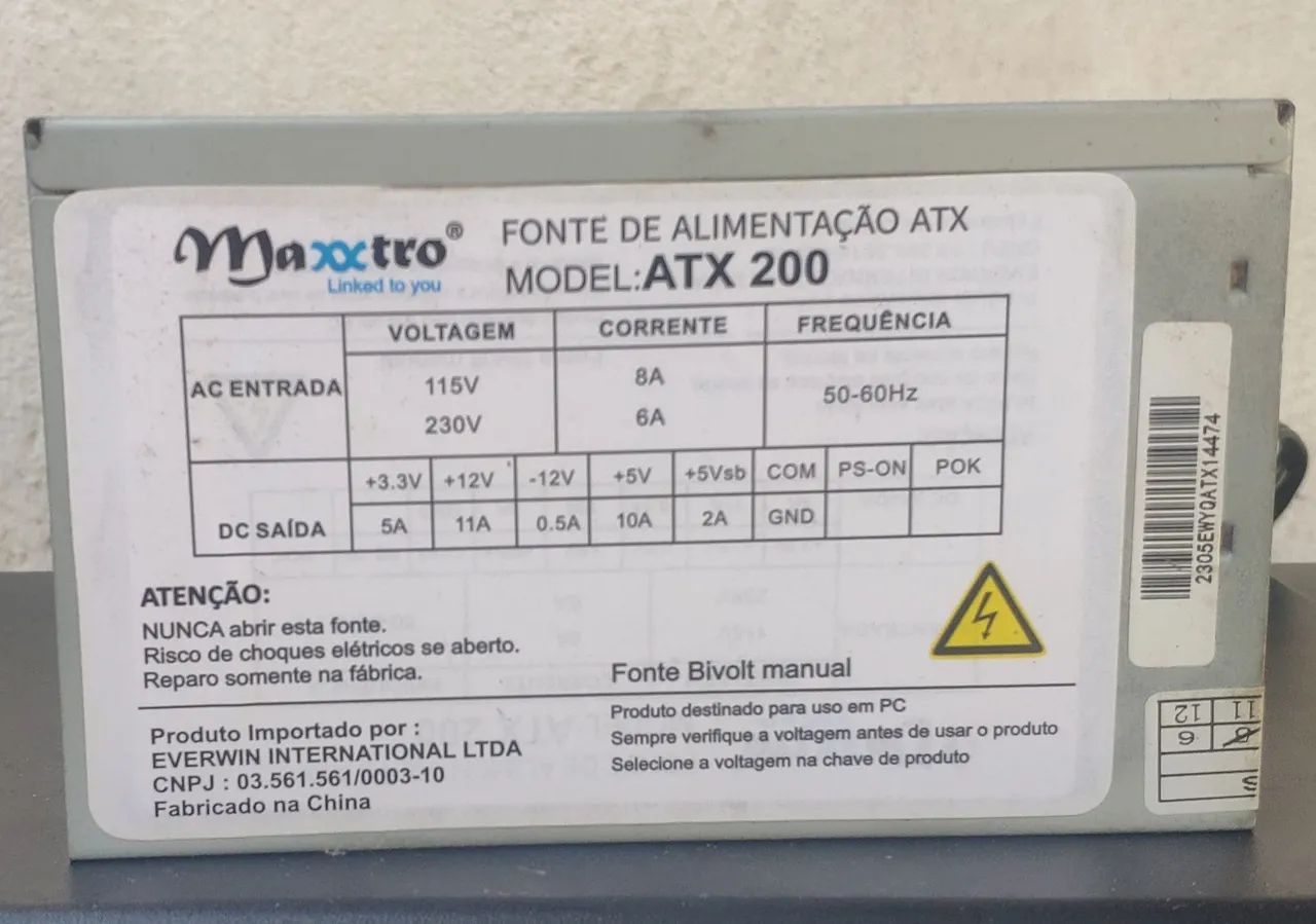 Fonte de alimentação ATX 200W da MAXXTRO