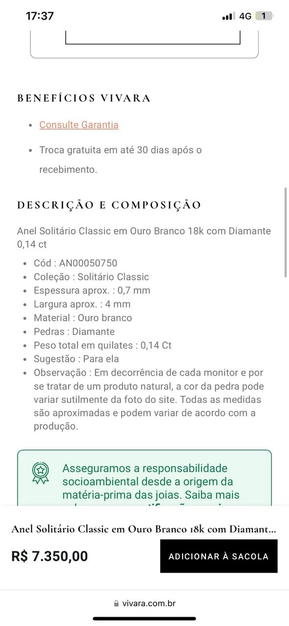 Anel solitário vivara 0,37ct - Foto 2