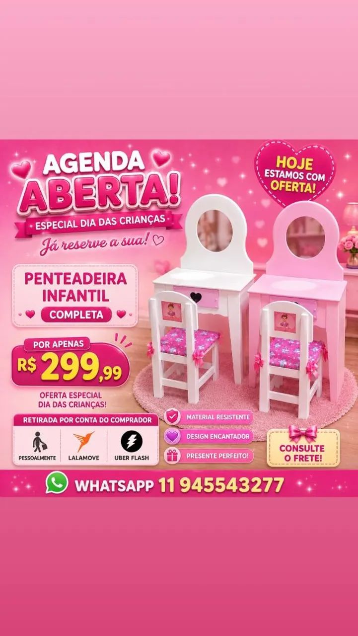 Penteadeira infantil completa com espelho de verdade e cento com lacinhos 
