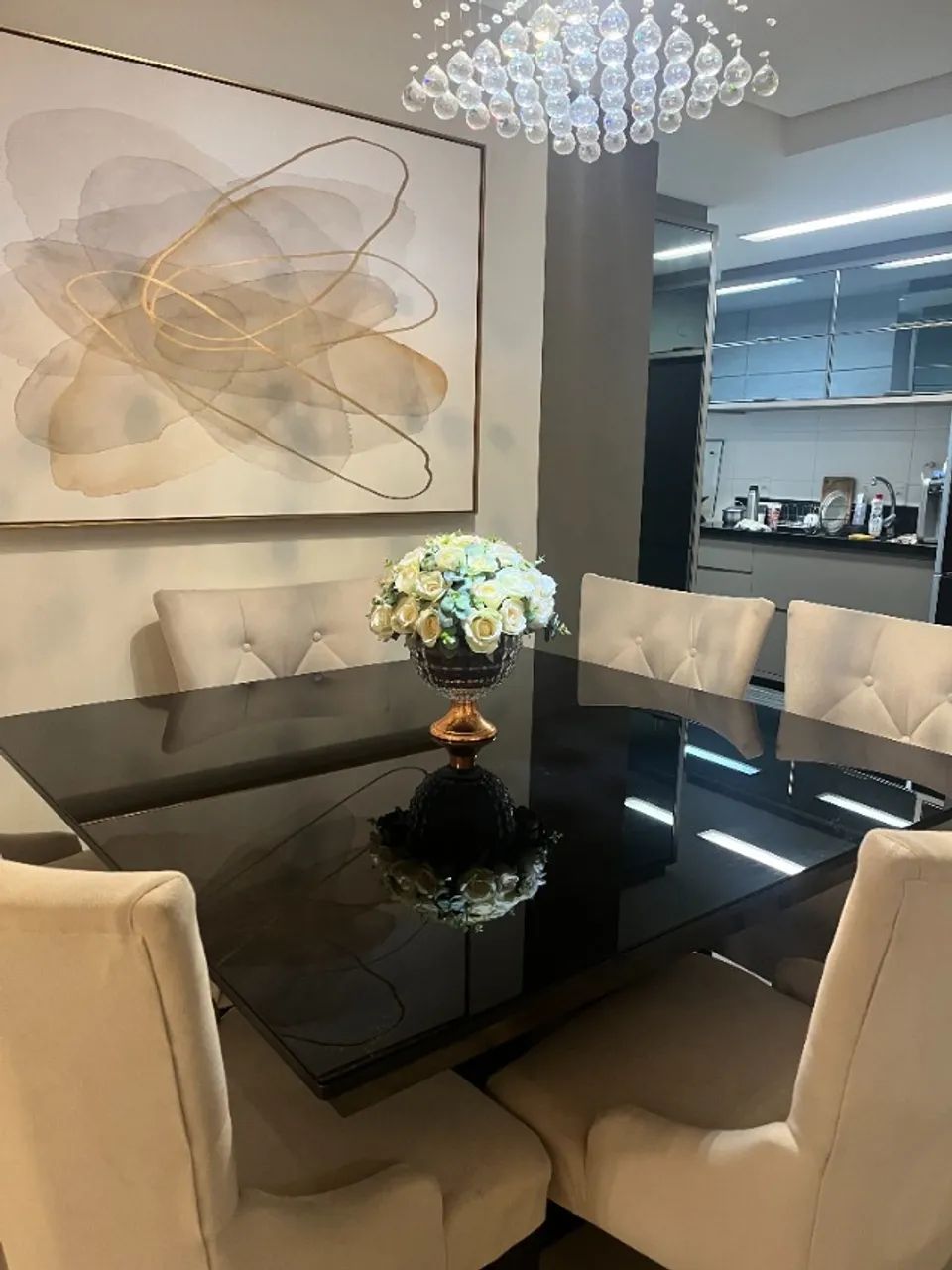 Mesa de Jantar  Quadrada Triângulo em Laca Preta para 6 lugares com as cadeiras inclusas  - Foto 4