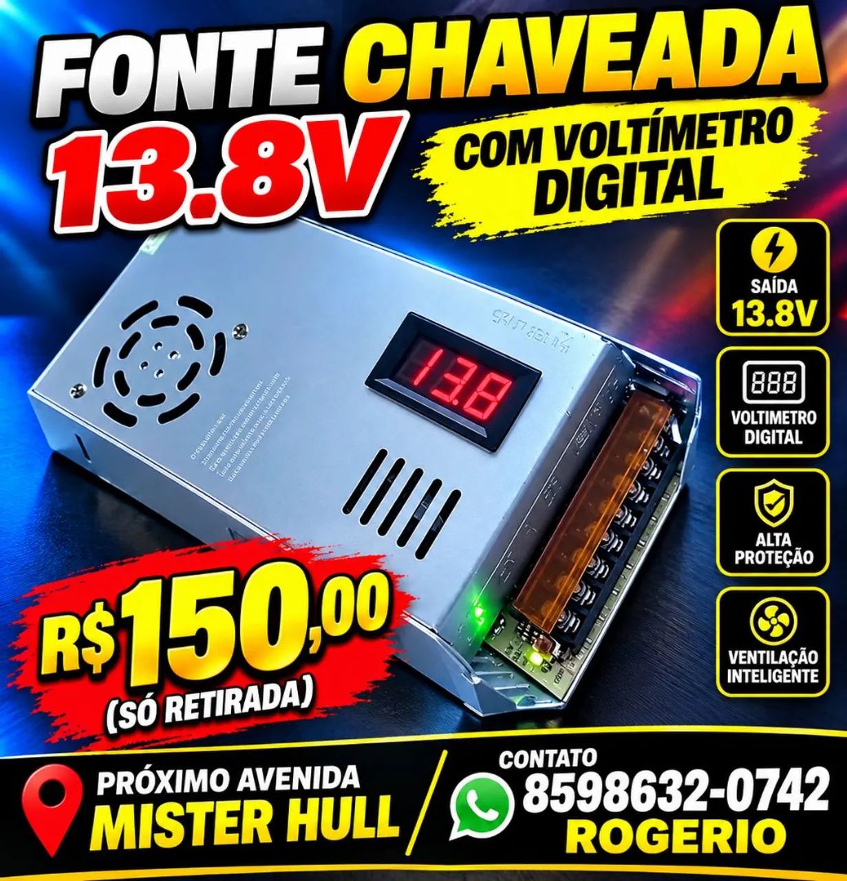 FONTE 13.8V COM VOLTÍMETRO DIGITAL 