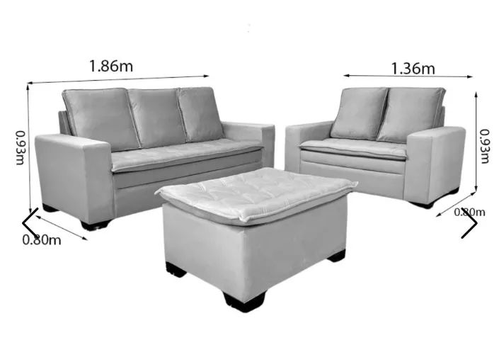 Conjunto de Sofás Lyon 3 e 2 Lugares com Puff Veludo Cinza 1,86m65578332886657125