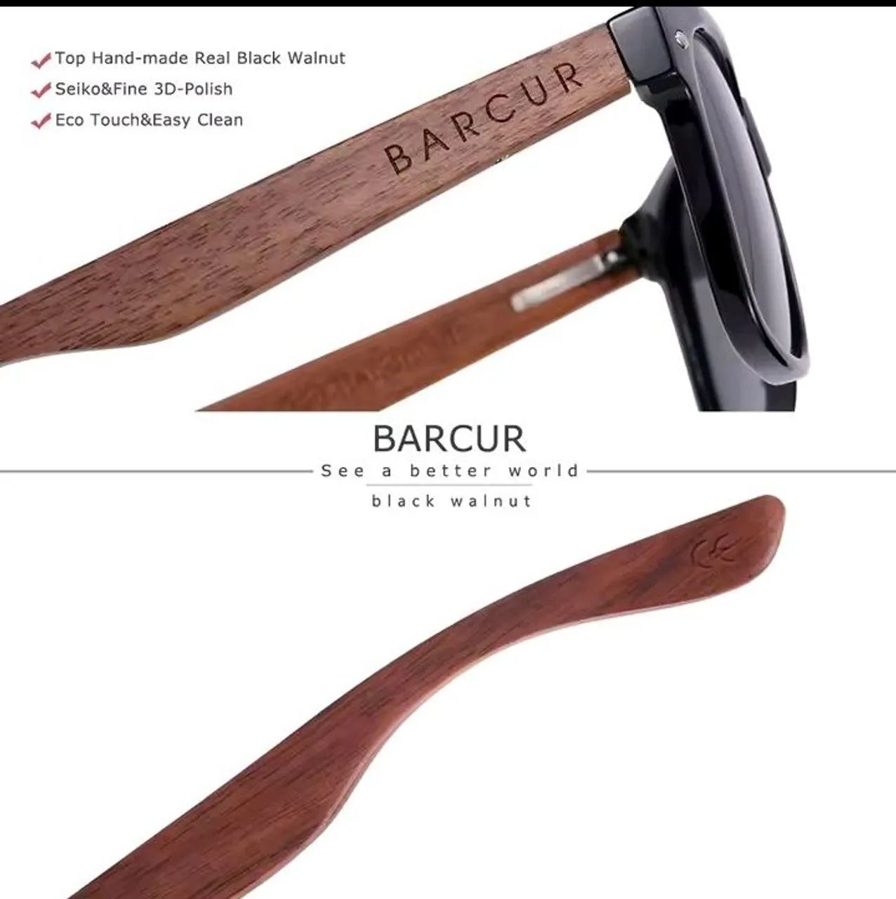 Oculos de Sol BARCUR® Com Hastes em Bambu Com Lentes pretas Polarizadas - Envio Grátis - Foto 5