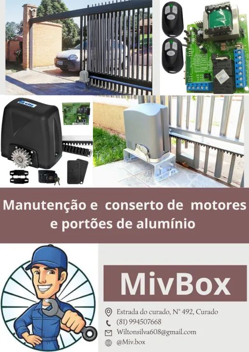 Manutenção e conserto de portões de alumínio e motores, venda de placas e controles.