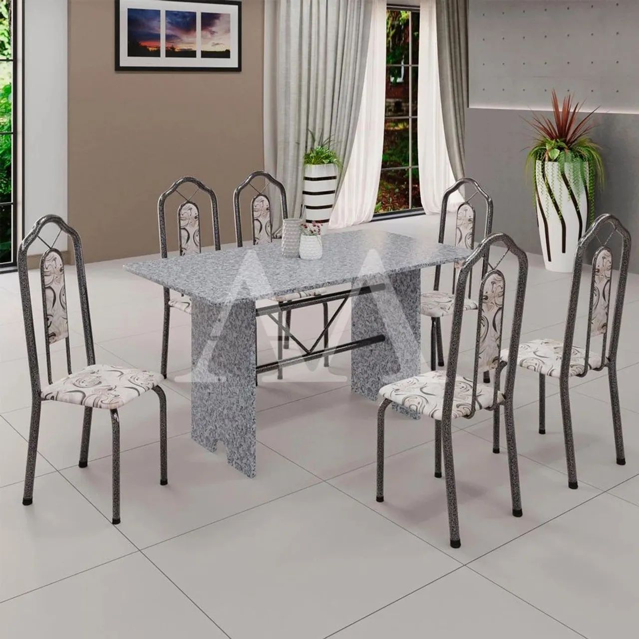 Mesa de Jantar 6C Soma Bianca 140x75 Retangular Arabesco Prata Granito Ocre<br>