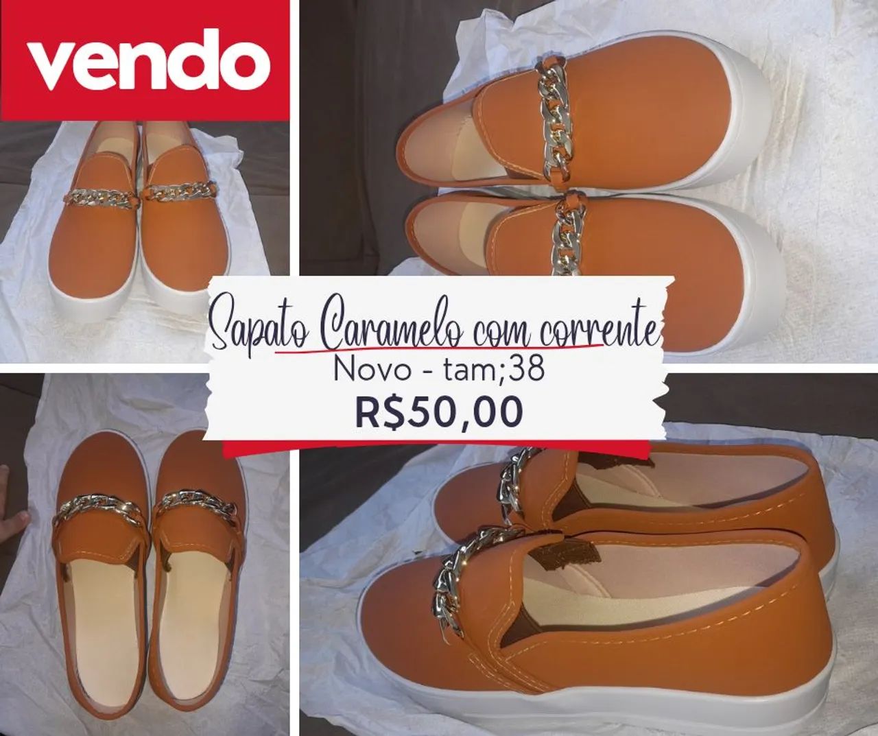 Sapato caramelo com corrente - Novo