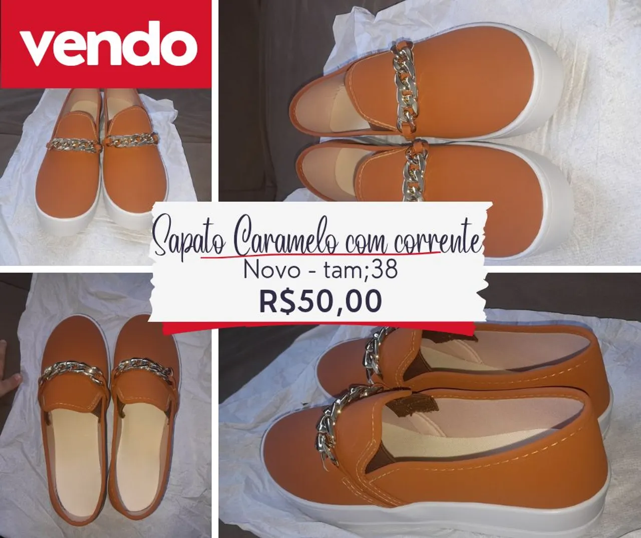 Sapato caramelo com corrente - Novo