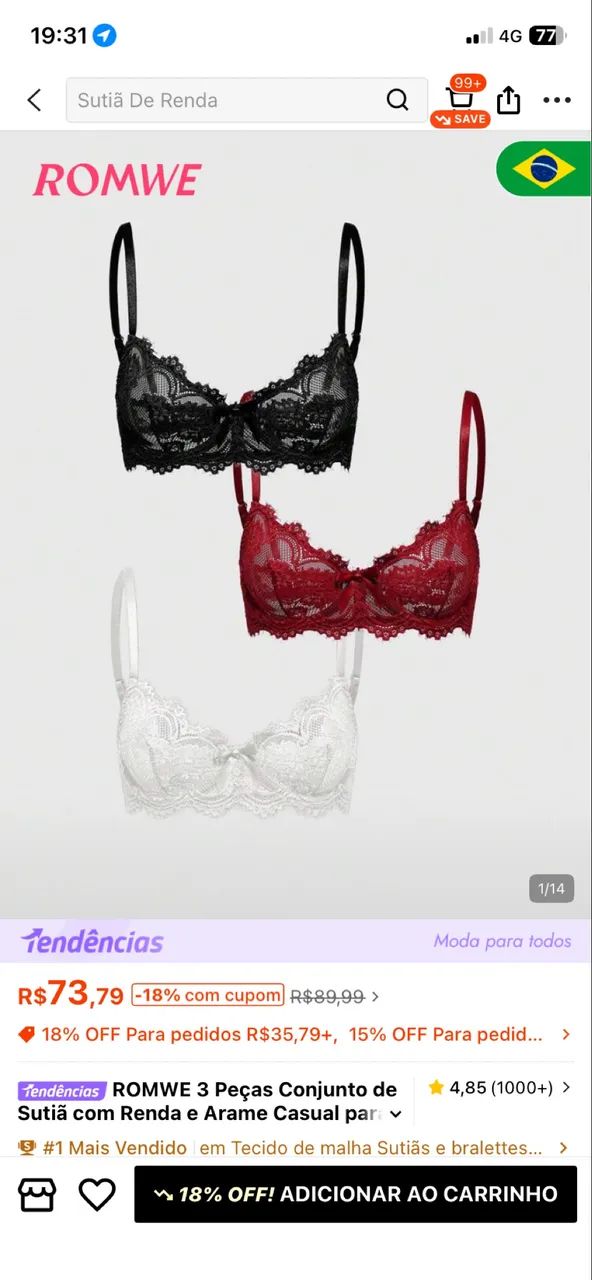 Kit 3 sutiãs, vermelho, branco e preto