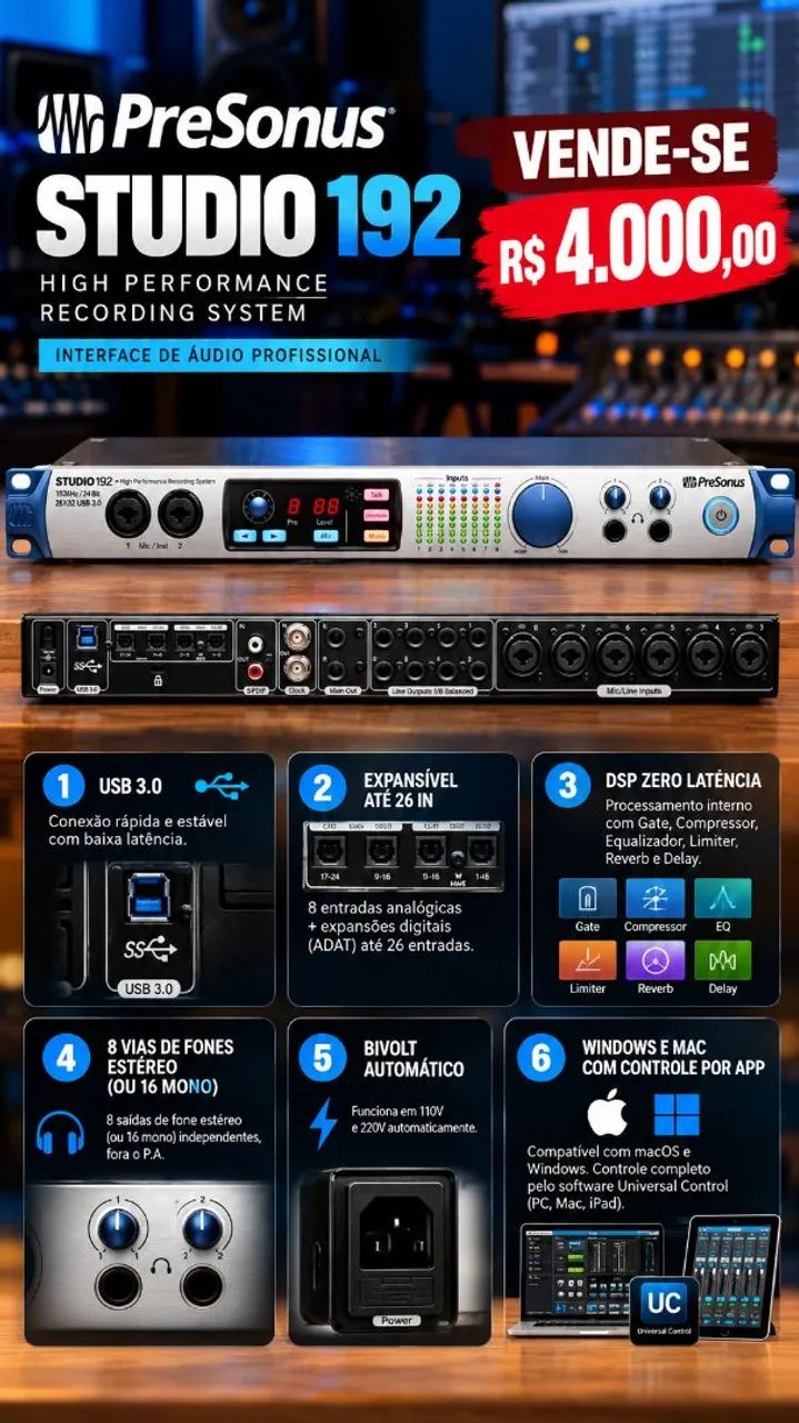 PreSonus Studio 192 - Interface USB 3.0 | 26 Entradas + DSP Zero Latência