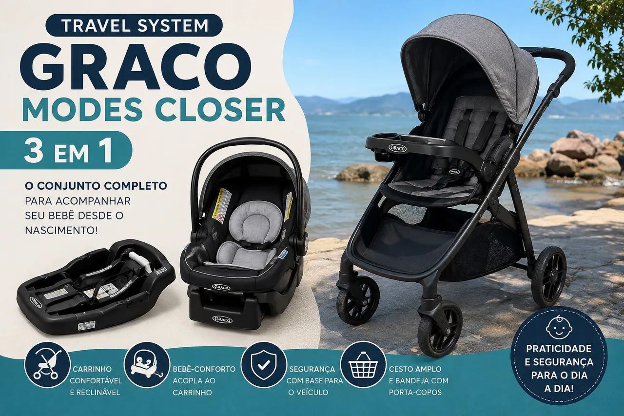 Travel System Graco Modes Closer 3 em 1 Carrinho + Bebê Conforto + Base