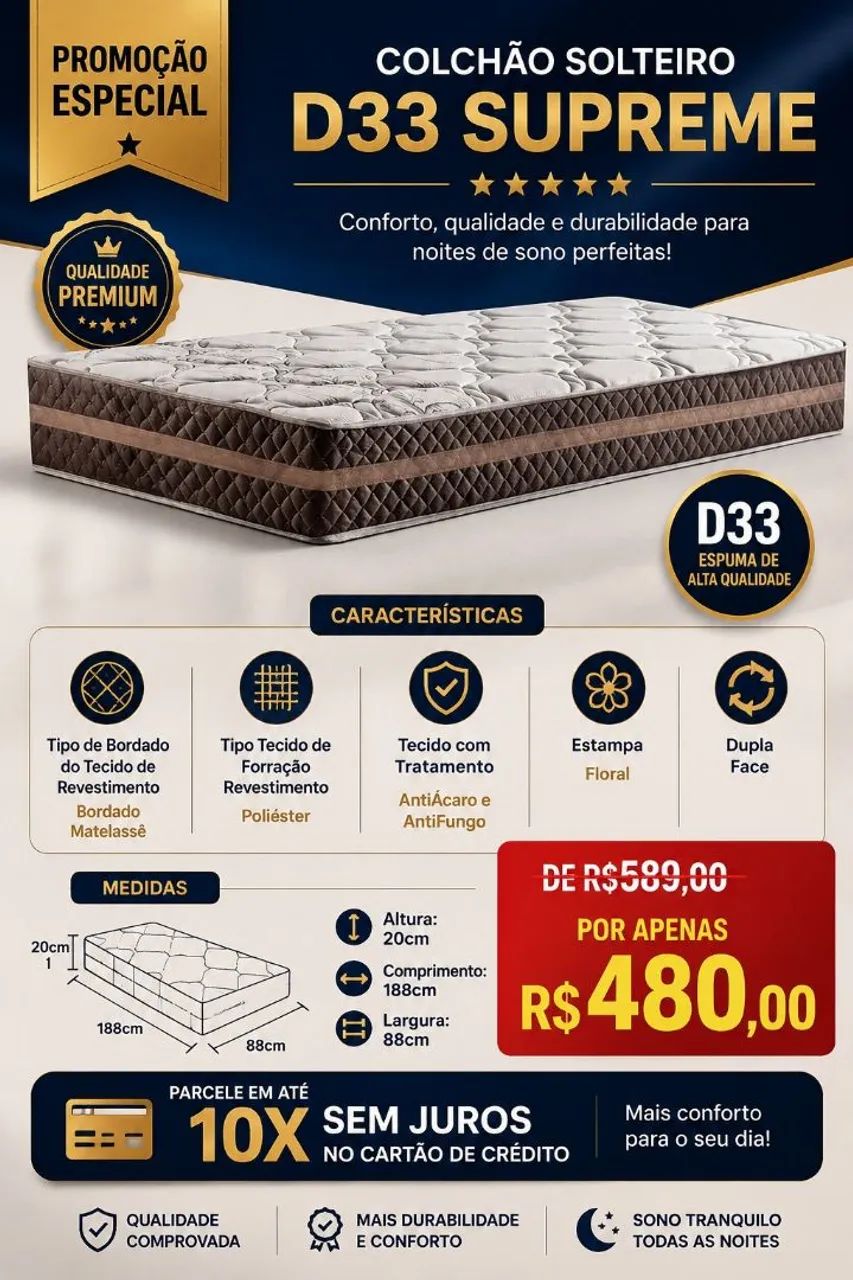 Colchão D33 Solteiro 88x188x20Novo! 