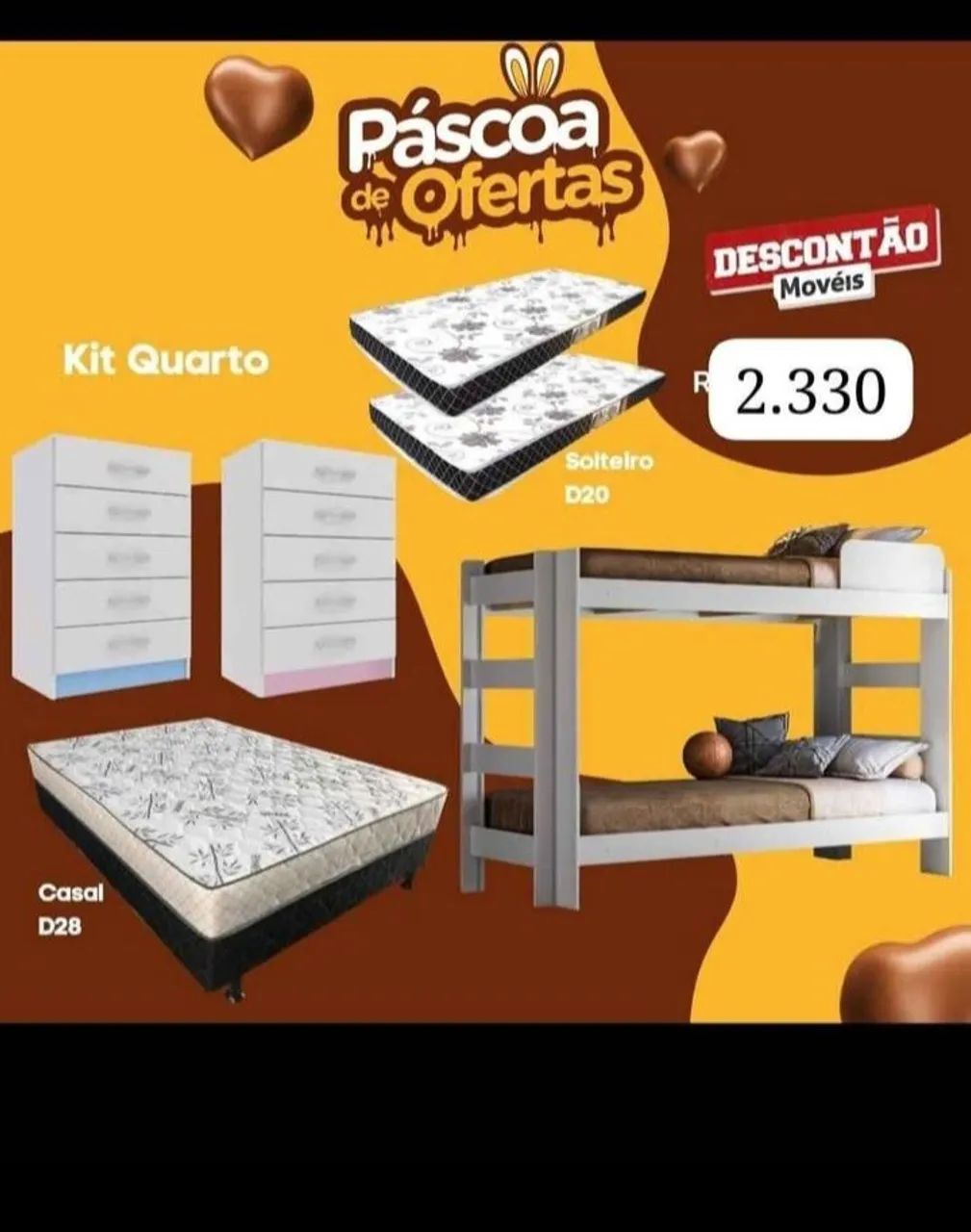 Kit Quarto Completo - Beliche com Colchão D20, 2 Cômodas e Cama Box Casal