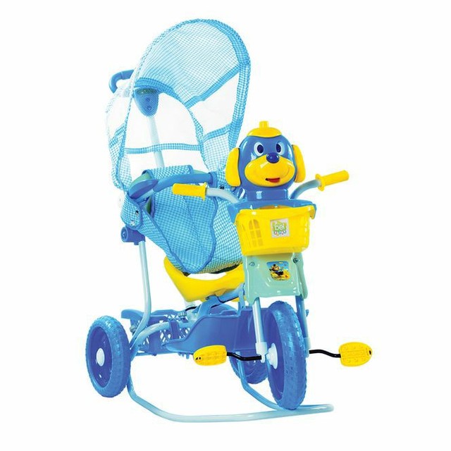 Triciclo Cachorrinho com Capota Azul 3 em 1 Passeio/Pedal e Balanço Bel