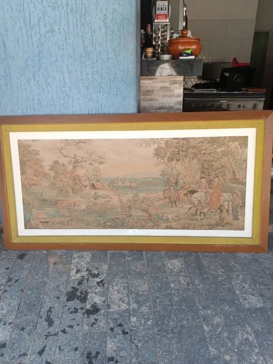 Quadro Moldurado Tapeçaria Francesa Gobelin Vilarejo