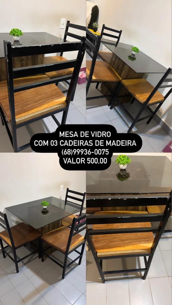 Mesa de Vidro com 03 Cadeiras de Madeira