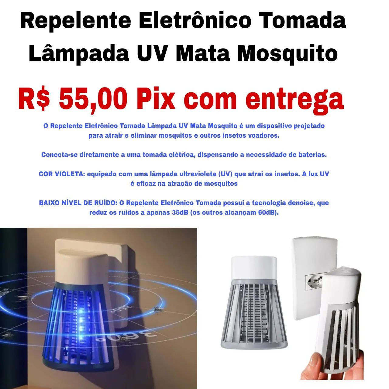 Repelente Eletrônico Tomada UV Mata Mosquito - R$ 55,00
