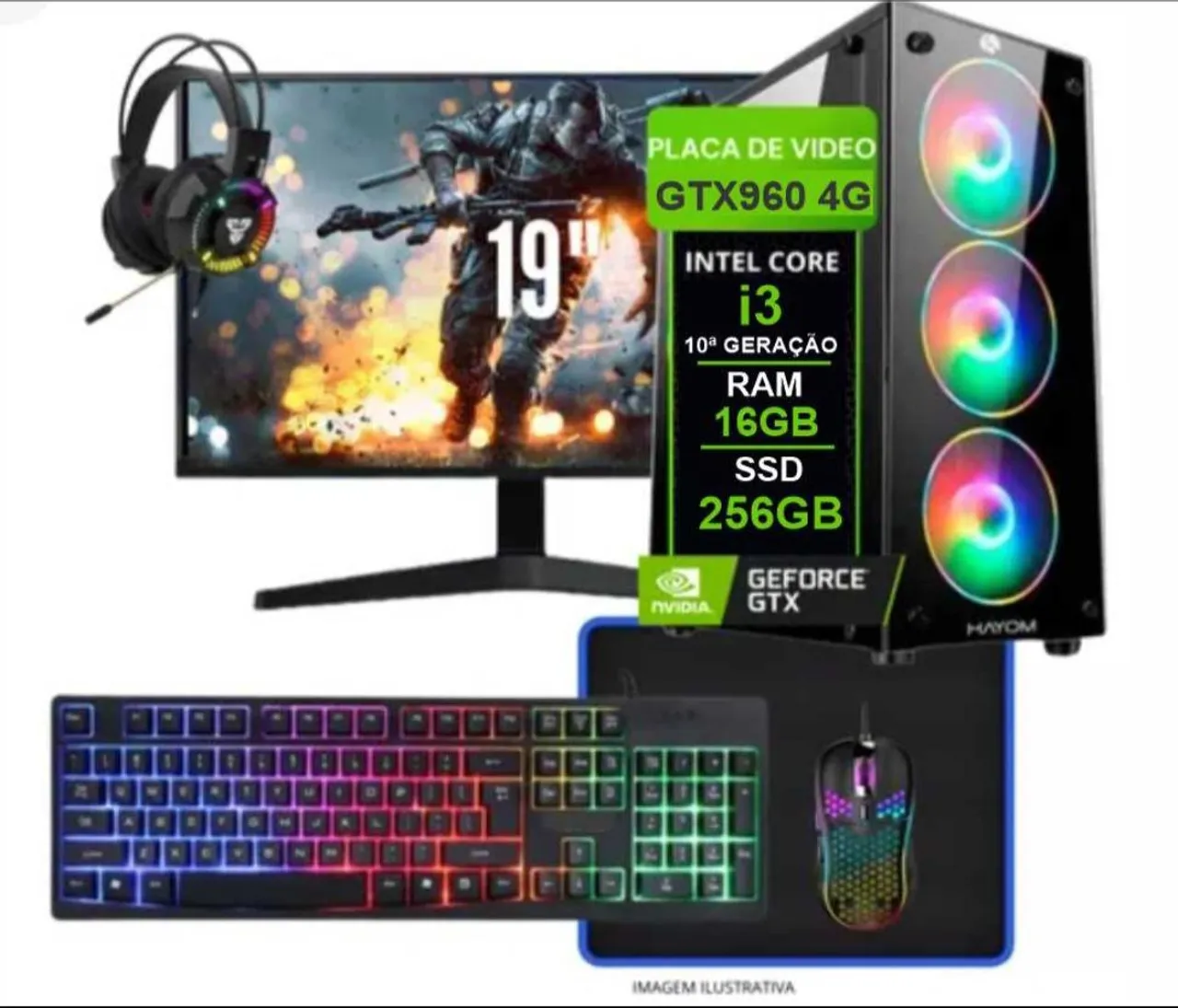 PC Gamer Completo , i3 10ª Geração, 16GB RAM, SSD 256GB
