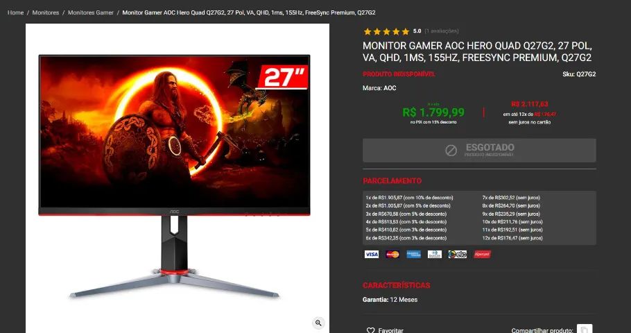 Monitor Gamer AOC Hero Quad Q27G2, 27 Pol, VA, QHD, 1ms, 155Hz (PARCELO NO CARTÃO)