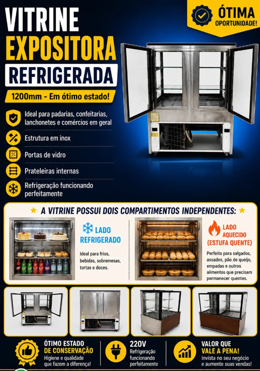 Vitrine Expositora Dupla: Refrigerada + Estufa Quente 1,20m | 220V | Bom estado